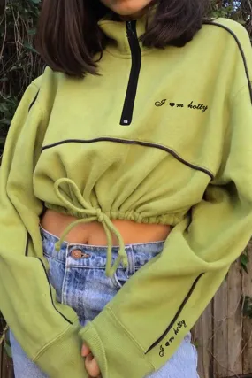 Green Drawstring Zipper Crop Sweatshirt