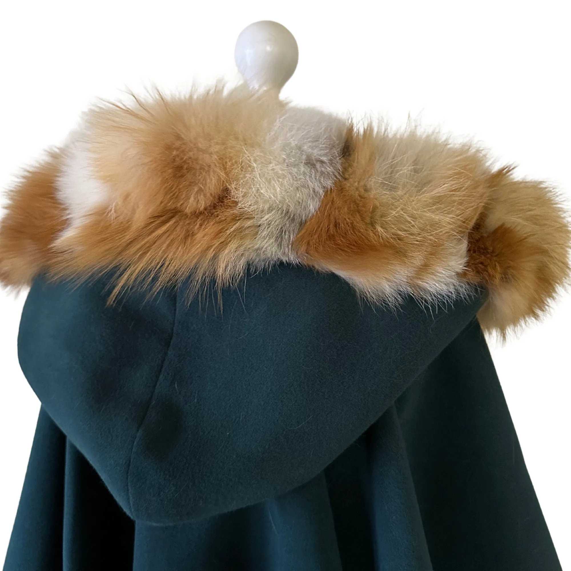 Green Women Winter Coat Cape Trim Fox Fur, Winter Women's Poncho Jacket lined, Warm Women's coat with a hood
