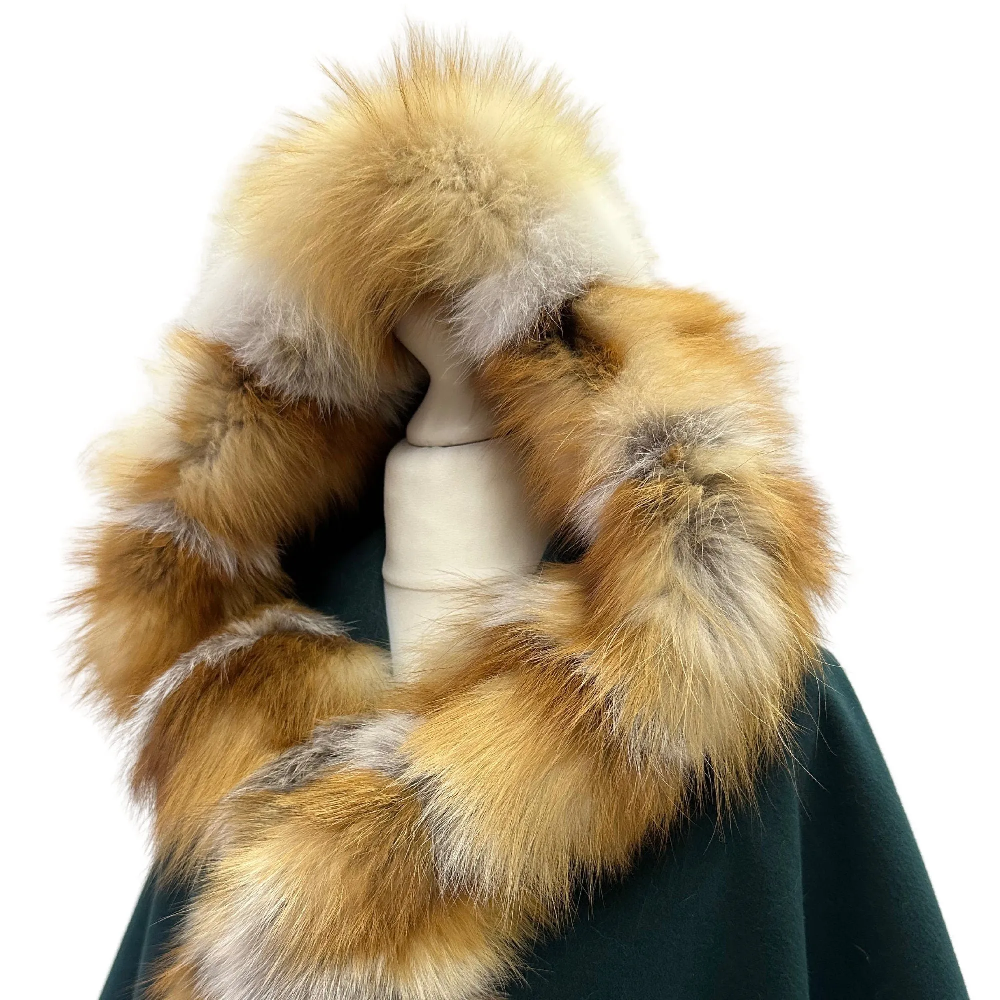 Green Women Winter Coat Cape Trim Fox Fur, Winter Women's Poncho Jacket lined, Warm Women's coat with a hood