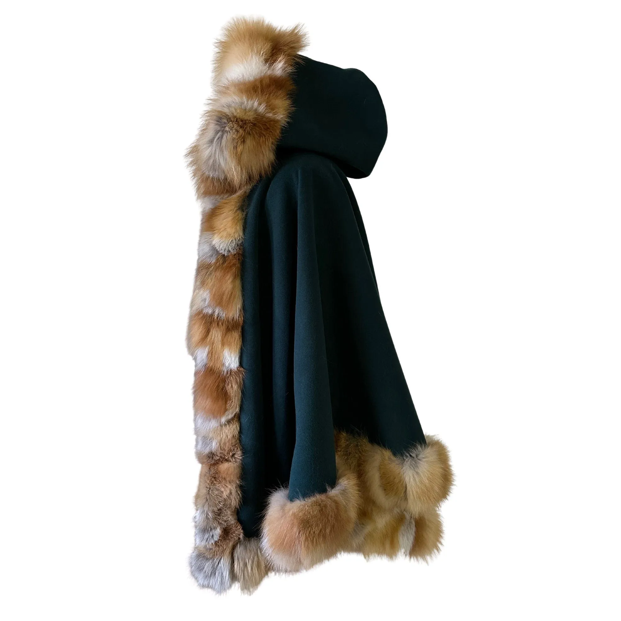 Green Women Winter Coat Cape Trim Fox Fur, Winter Women's Poncho Jacket lined, Warm Women's coat with a hood