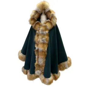 Green Women Winter Coat Cape Trim Fox Fur, Winter Women's Poncho Jacket lined, Warm Women's coat with a hood