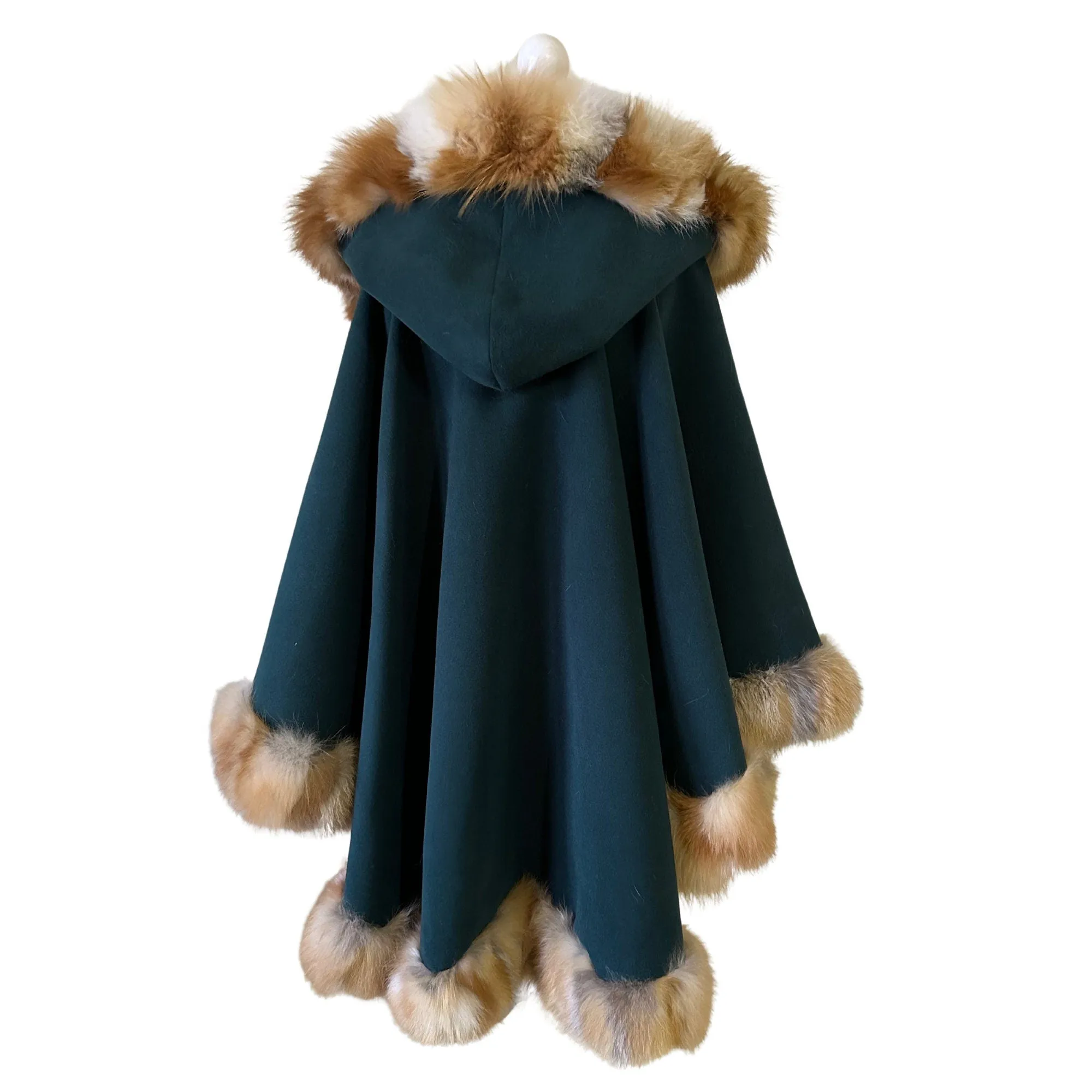 Green Women Winter Coat Cape Trim Fox Fur, Winter Women's Poncho Jacket lined, Warm Women's coat with a hood
