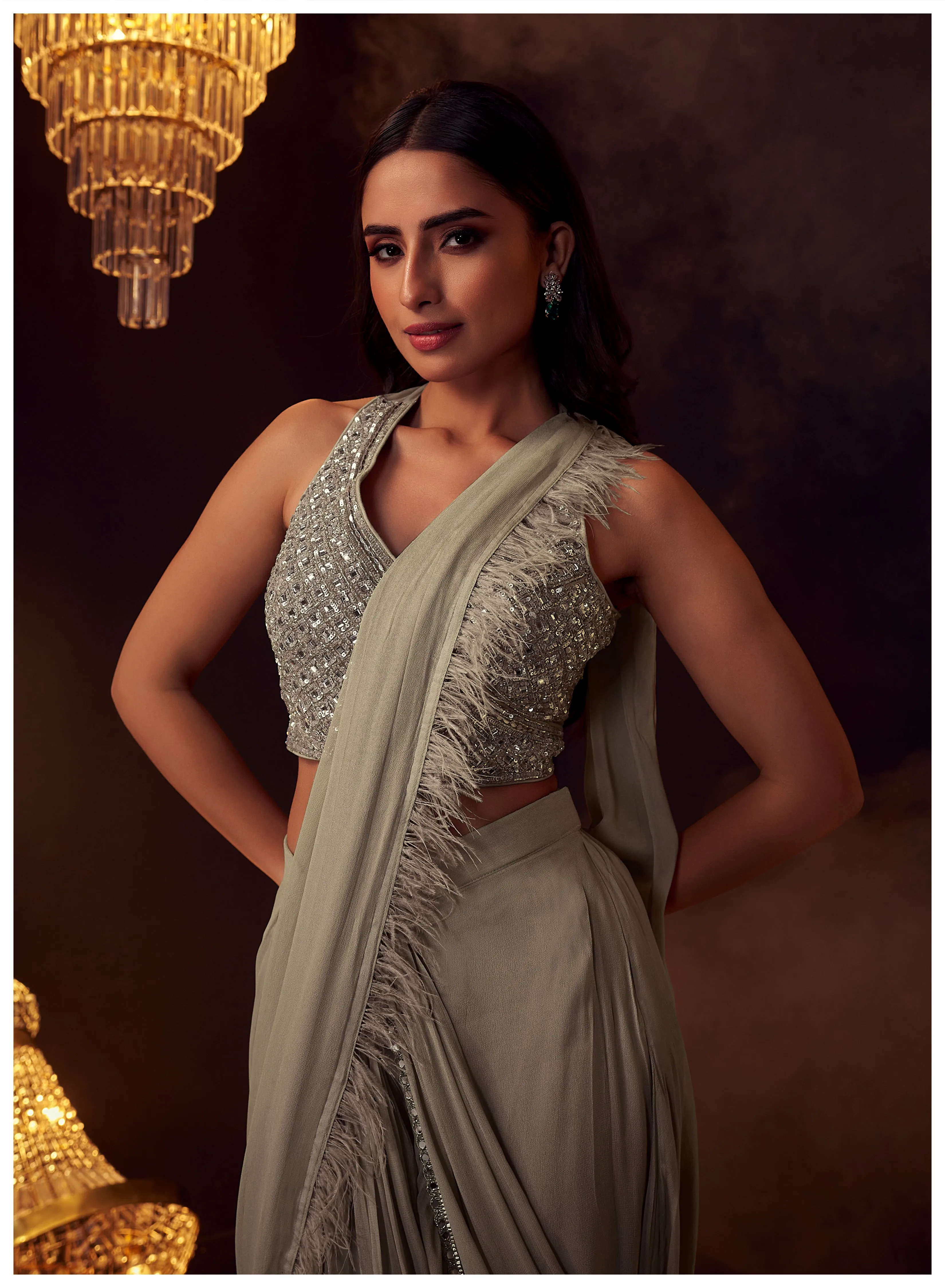Grey Embellished Swiss Georgette Silk Draped Saree