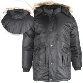 Han Ton Men's Three Quarter Length Faux Fur Trim Hooded Jacket Coat