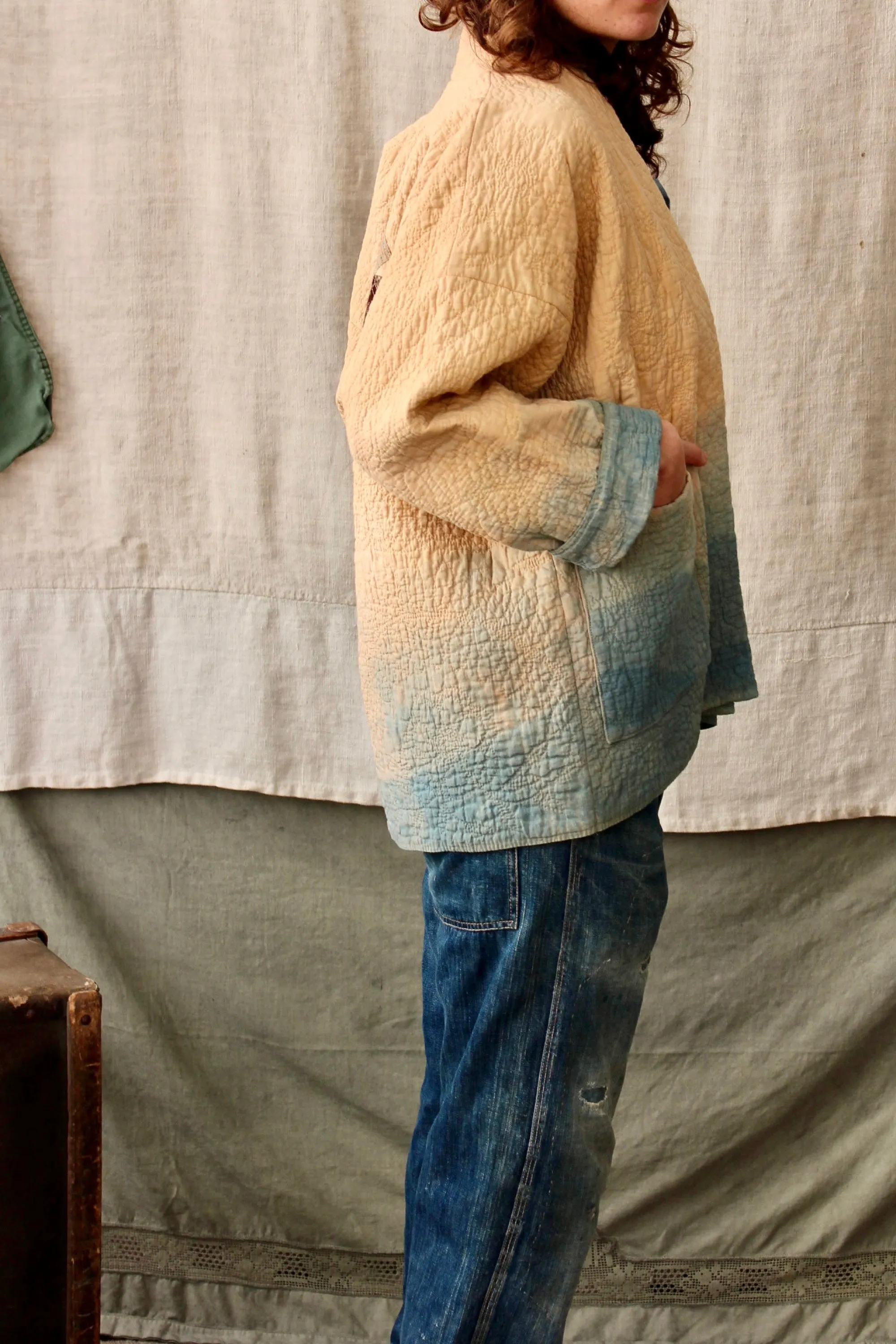 HF164 The Highlands Foundry Indigo Dip Dye Quilt Patch Coat