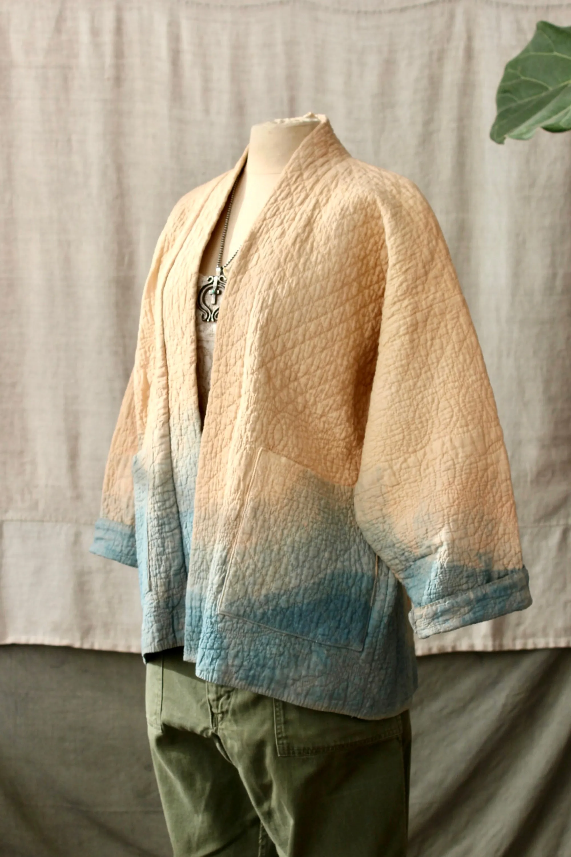 HF164 The Highlands Foundry Indigo Dip Dye Quilt Patch Coat