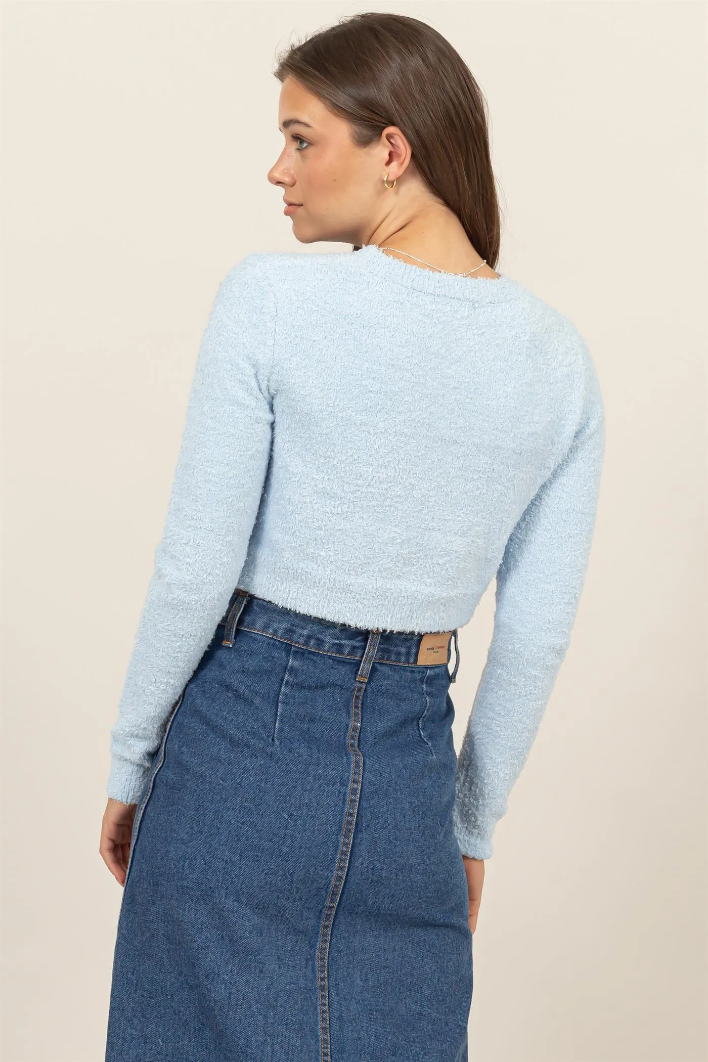 HF24F330-Padded Shoulder Cropped Sweater