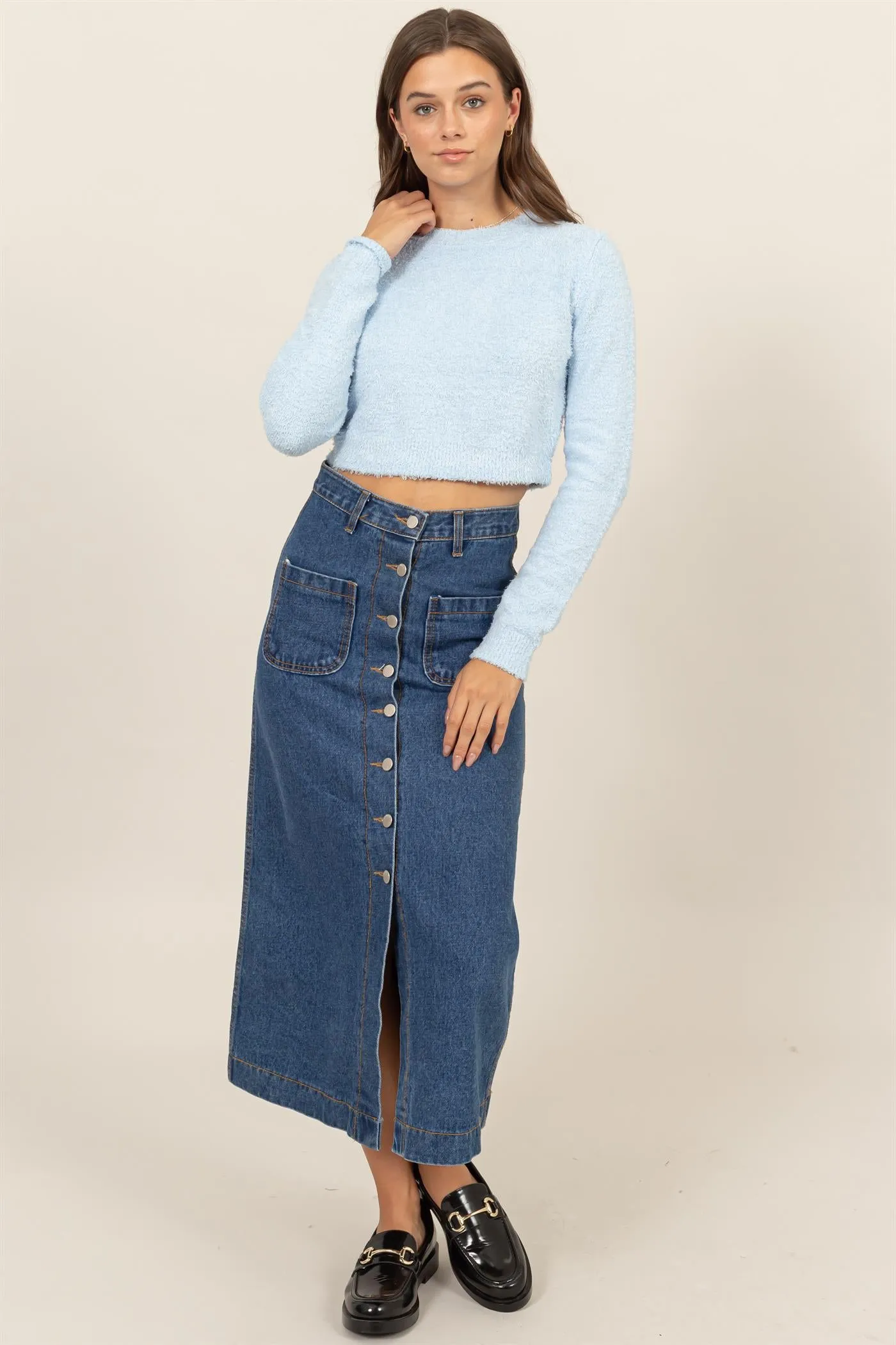 HF24F330-Padded Shoulder Cropped Sweater