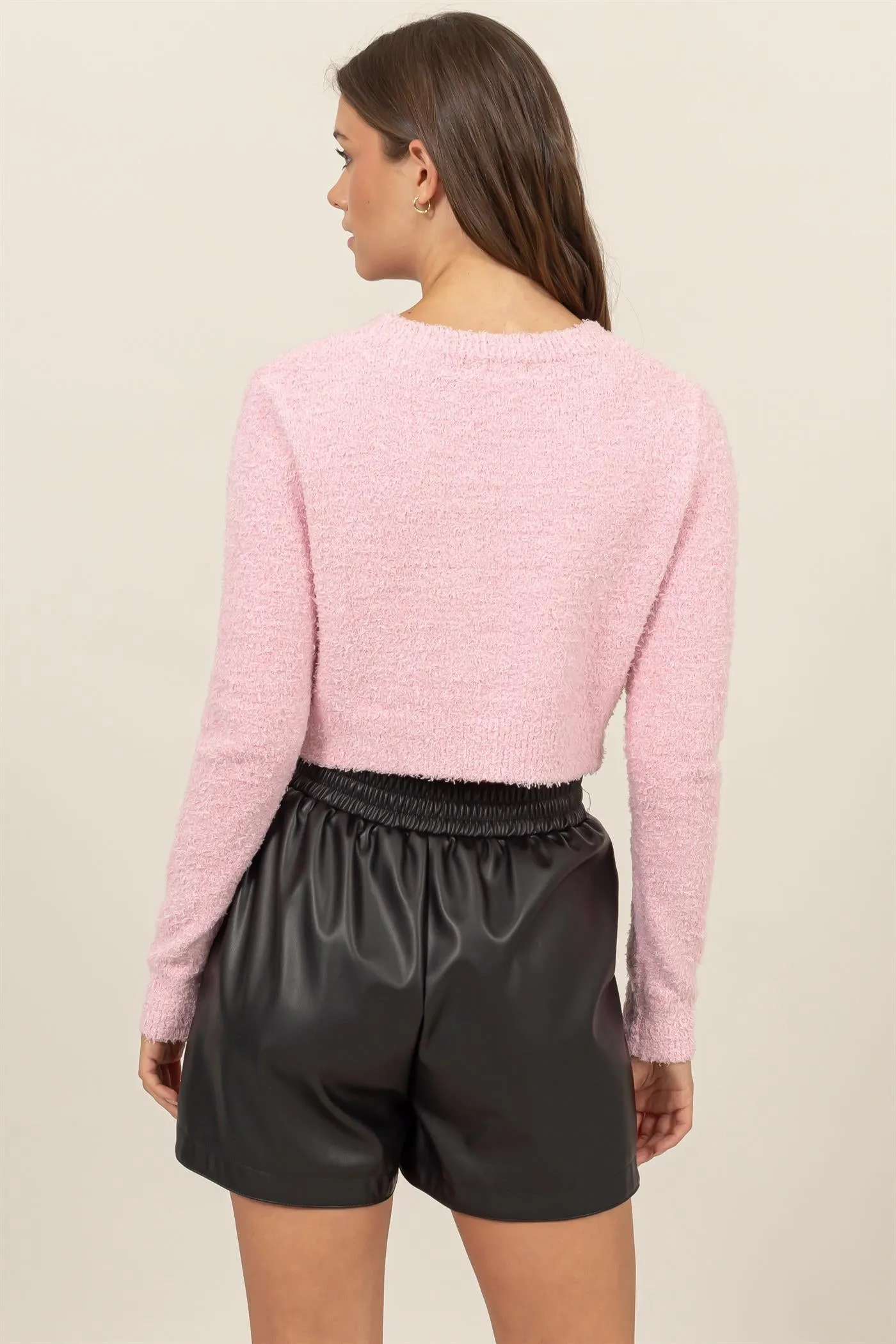 HF24F330-Padded Shoulder Cropped Sweater