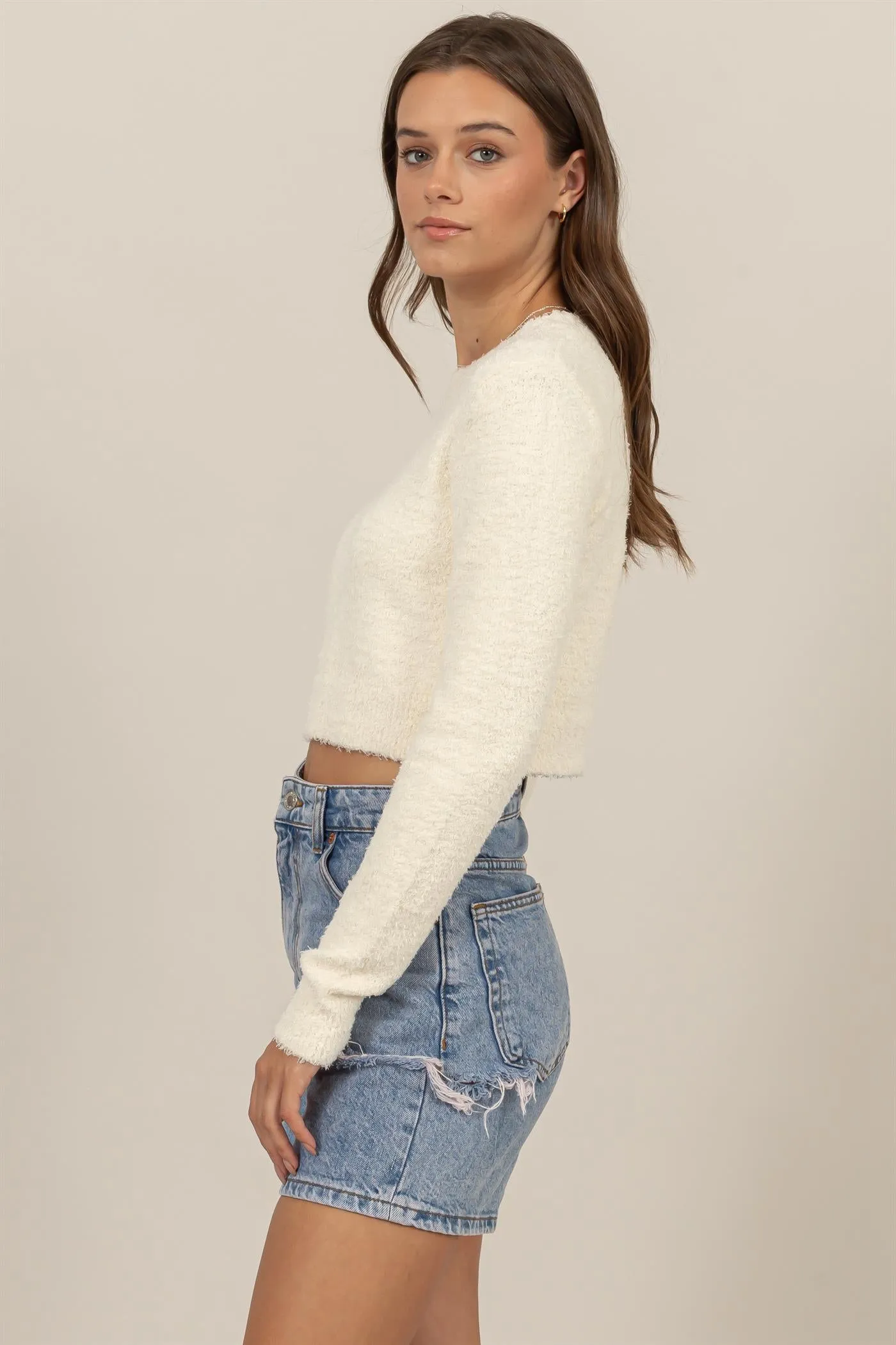 HF24F330-Padded Shoulder Cropped Sweater
