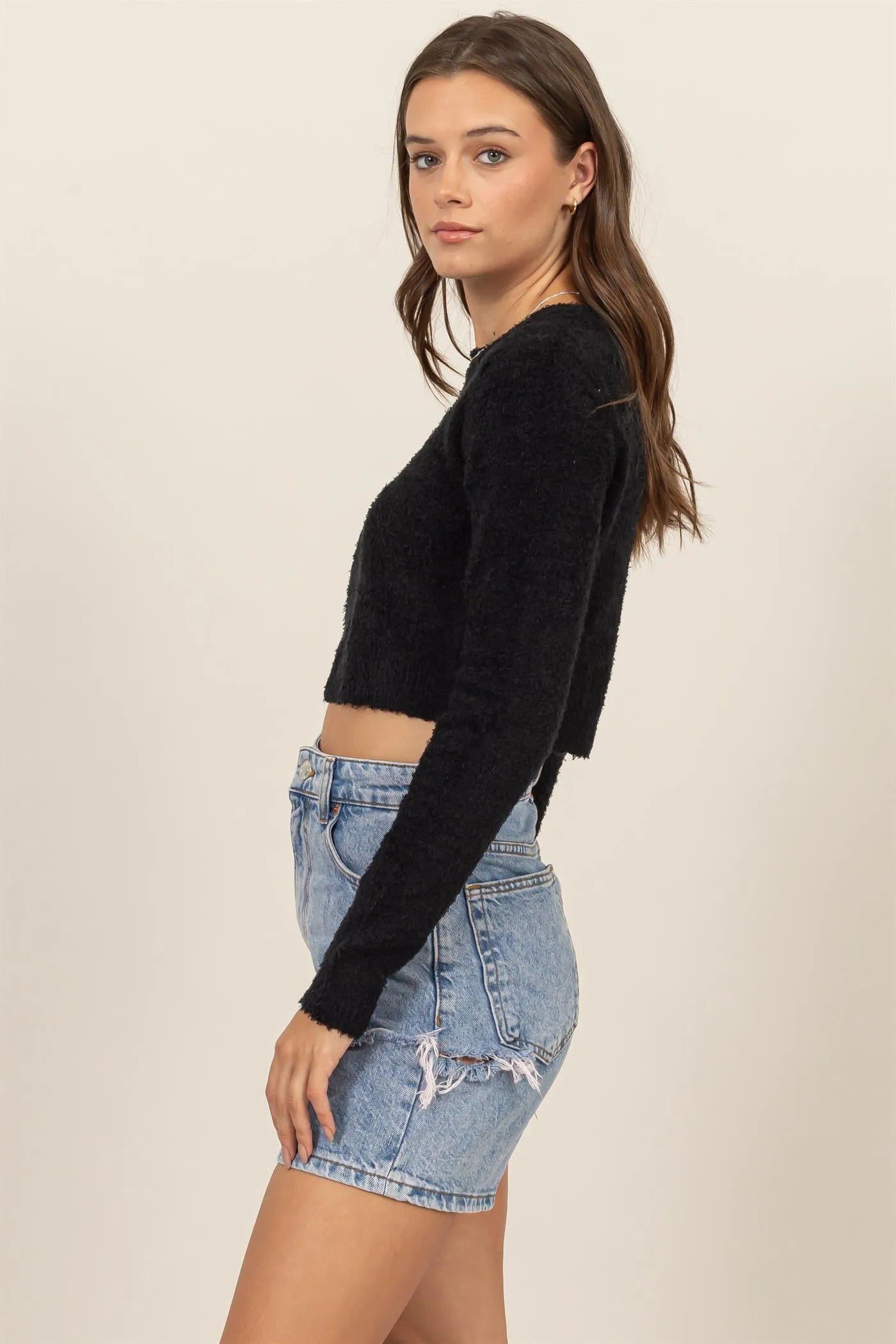 HF24F330-Padded Shoulder Cropped Sweater