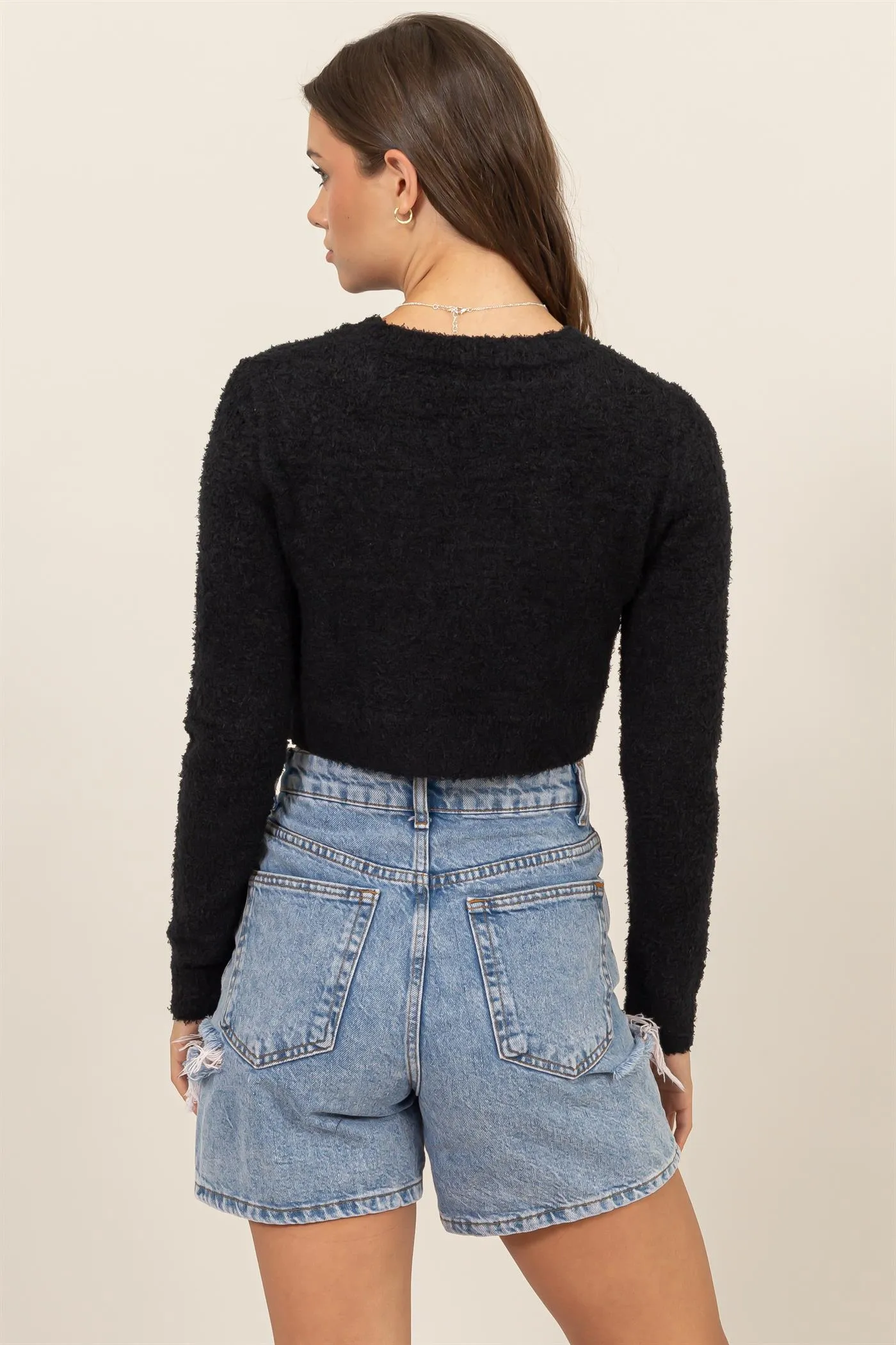 HF24F330-Padded Shoulder Cropped Sweater