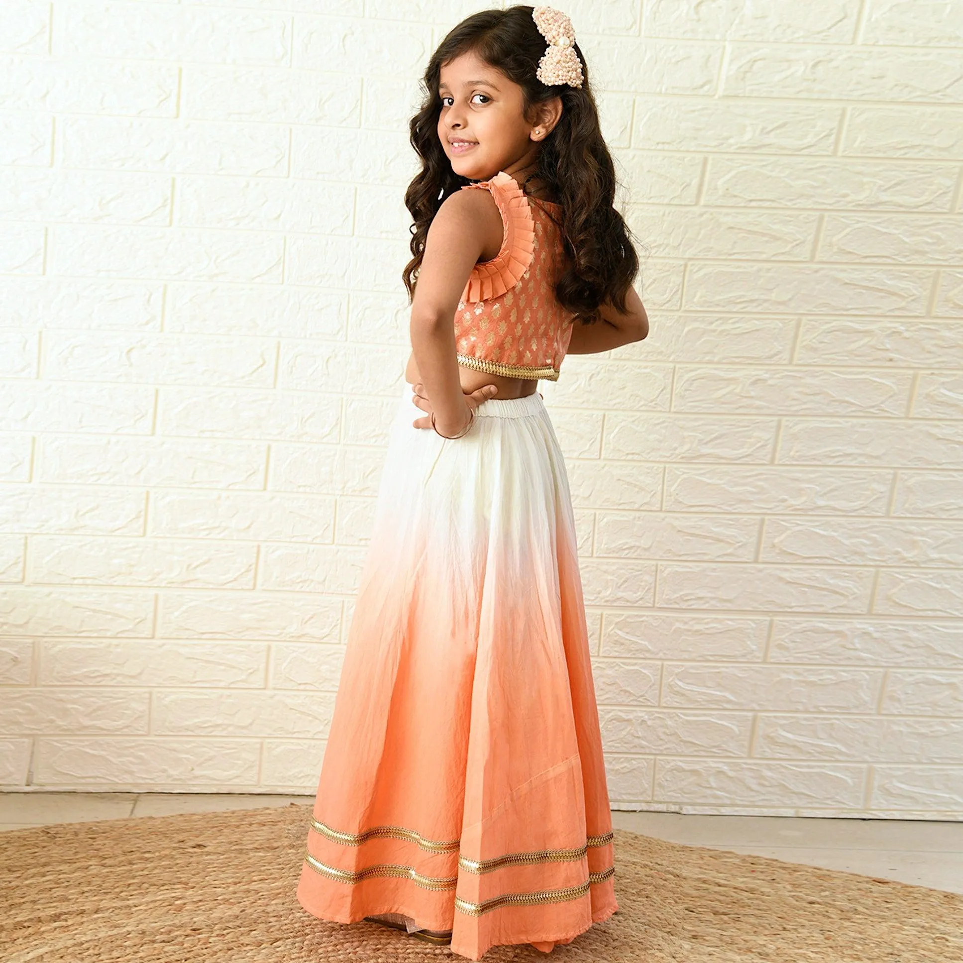 Ikeda Designs Crop Top with Lace and Ombre Lehenga- White and Peach