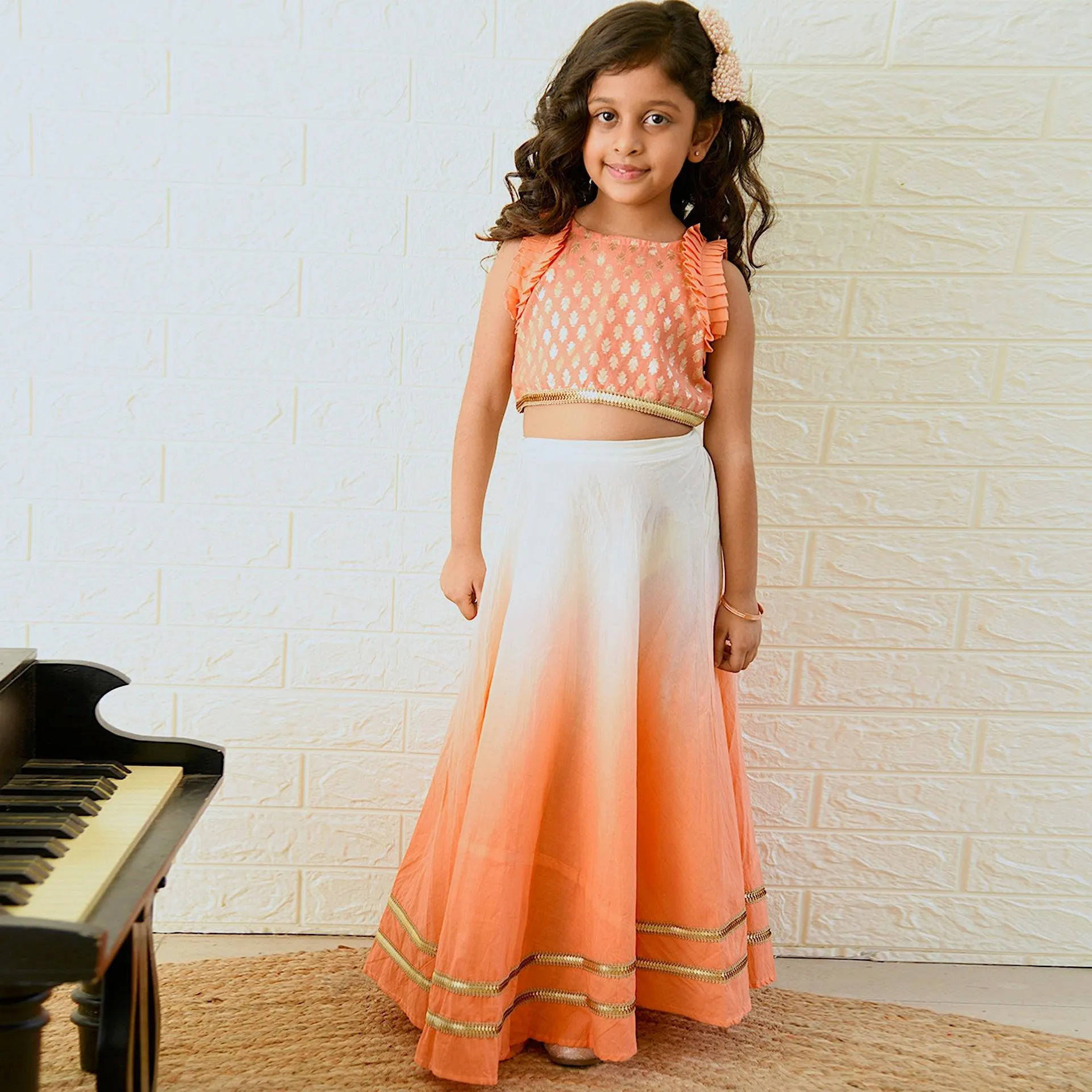 Ikeda Designs Crop Top with Lace and Ombre Lehenga- White and Peach