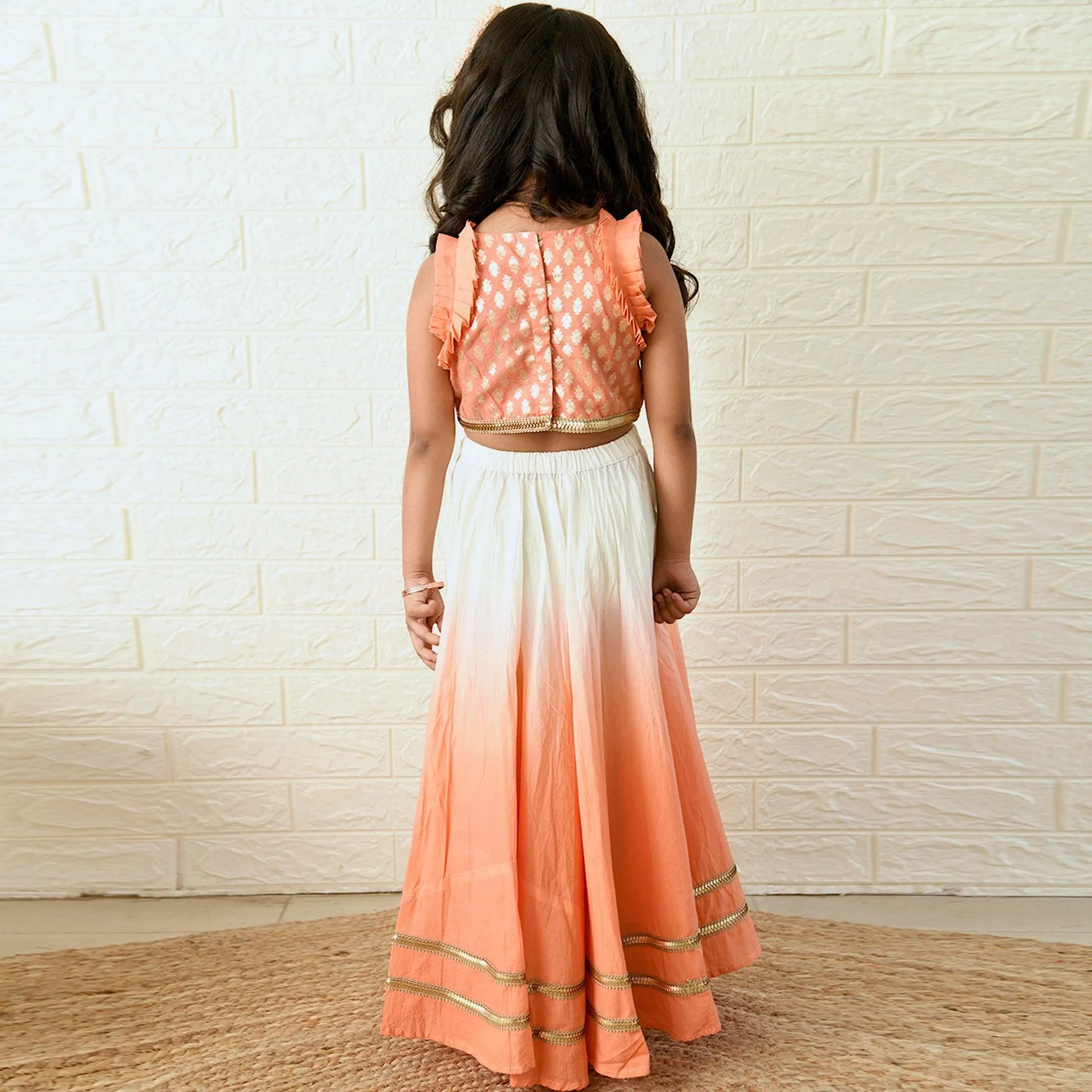 Ikeda Designs Crop Top with Lace and Ombre Lehenga- White and Peach