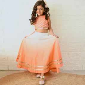 Ikeda Designs Crop Top with Lace and Ombre Lehenga- White and Peach