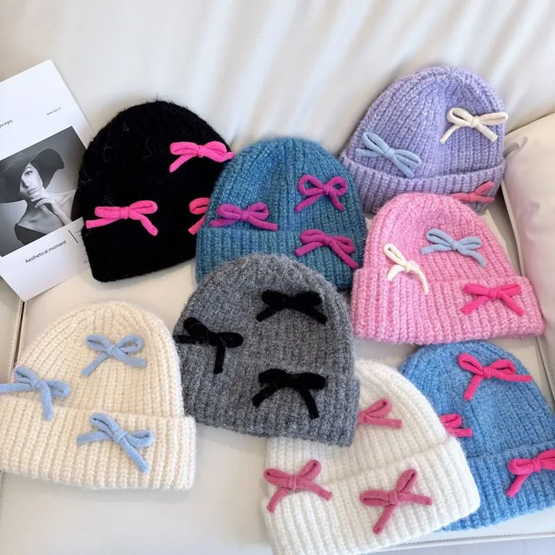 INS Style Bow Knit Hat for Women – Thick, Warm Wool Blend Beanie, Fall/Winter, Cute Folded Edge Cold Weather Hat
