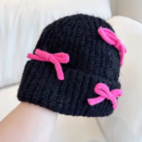 INS Style Bow Knit Hat for Women – Thick, Warm Wool Blend Beanie, Fall/Winter, Cute Folded Edge Cold Weather Hat