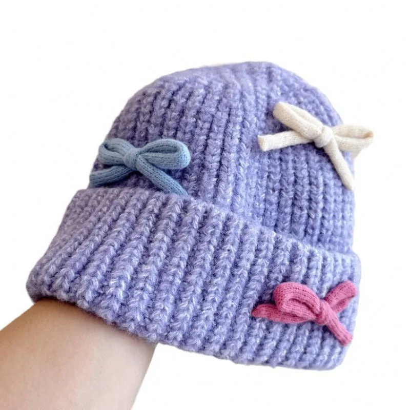 INS Style Bow Knit Hat for Women – Thick, Warm Wool Blend Beanie, Fall/Winter, Cute Folded Edge Cold Weather Hat