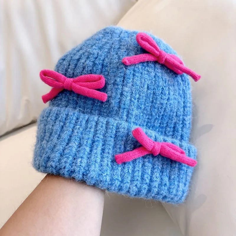 INS Style Bow Knit Hat for Women – Thick, Warm Wool Blend Beanie, Fall/Winter, Cute Folded Edge Cold Weather Hat