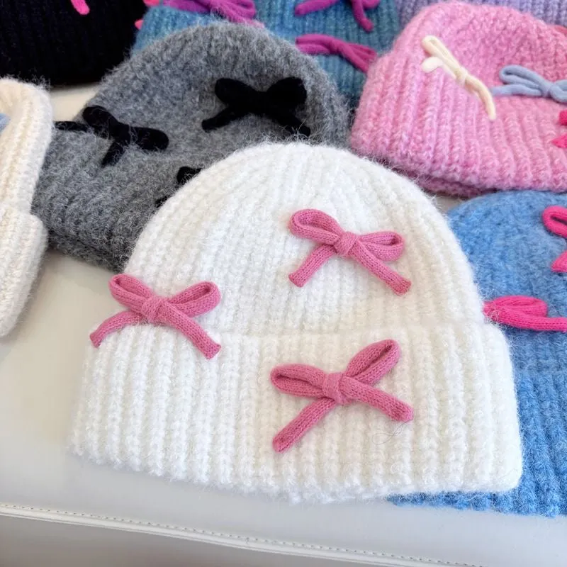 INS Style Bow Knit Hat for Women – Thick, Warm Wool Blend Beanie, Fall/Winter, Cute Folded Edge Cold Weather Hat