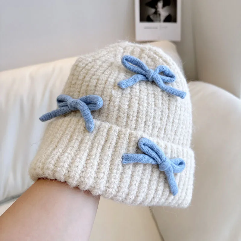 INS Style Bow Knit Hat for Women – Thick, Warm Wool Blend Beanie, Fall/Winter, Cute Folded Edge Cold Weather Hat