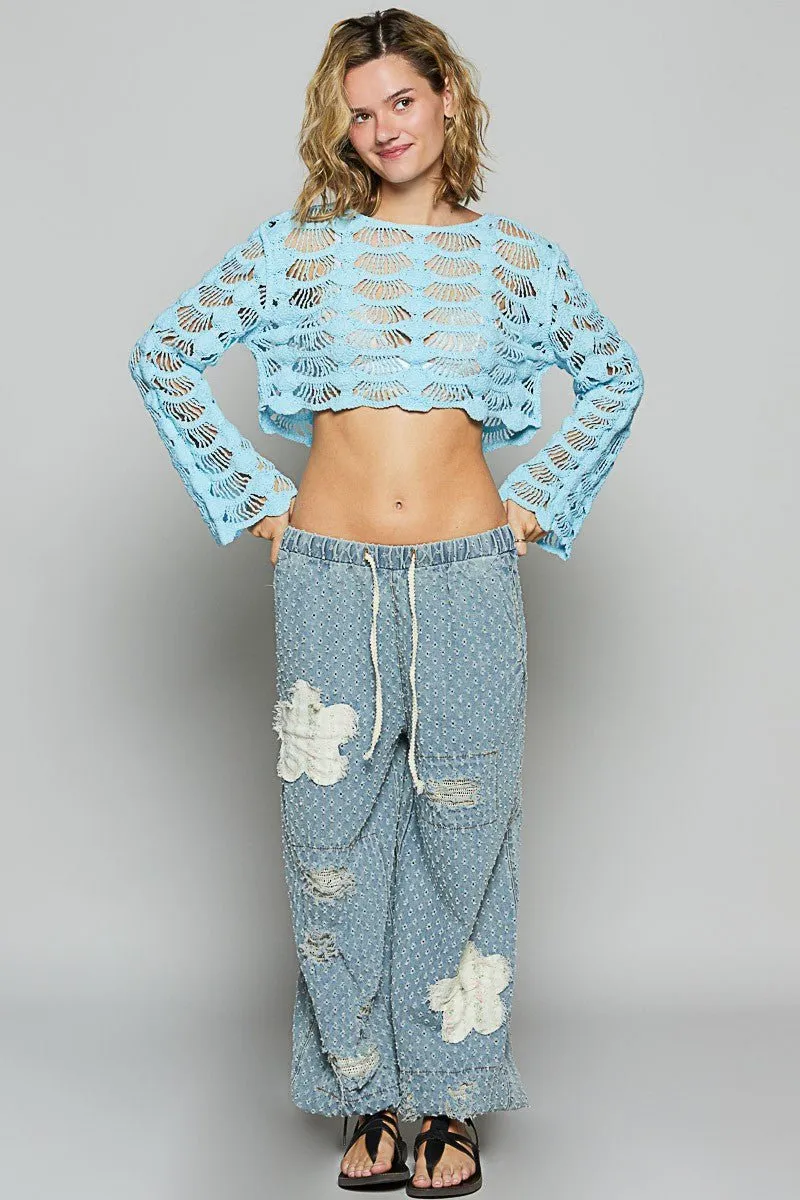 Janine Light Blue Long Sleeve Crochet Crop Top
