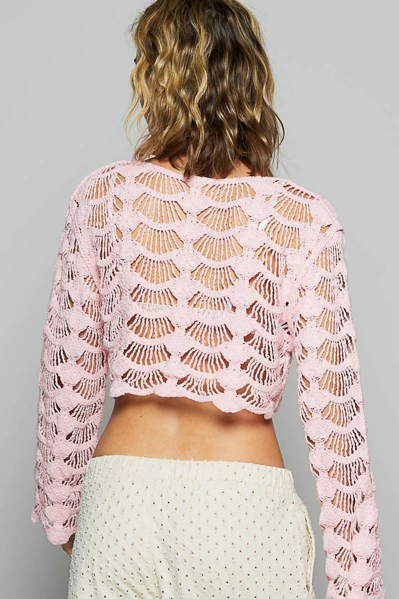 Janine Light Pink Long Sleeve Crochet Crop Top