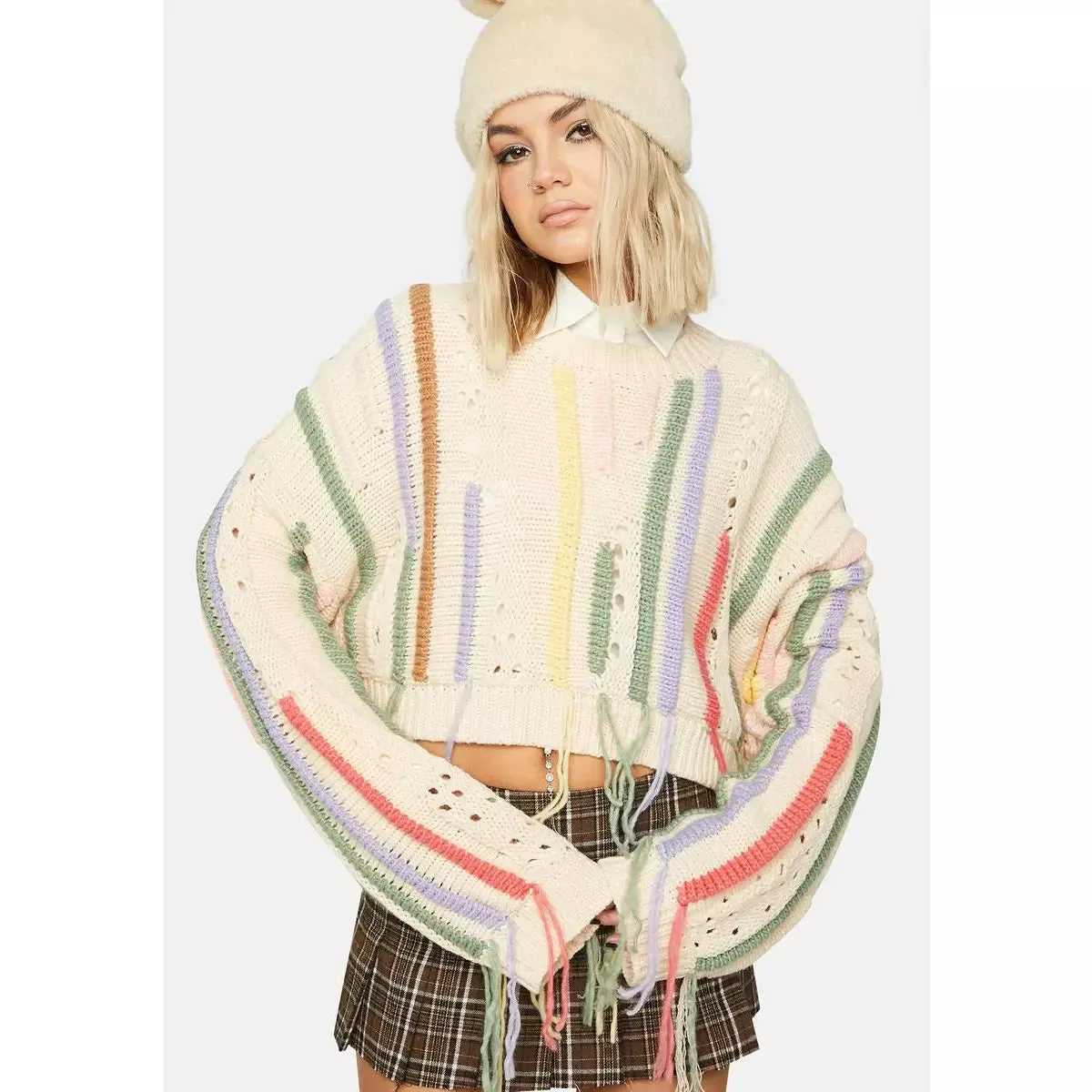 Knitted Tassel Cropped Sweater