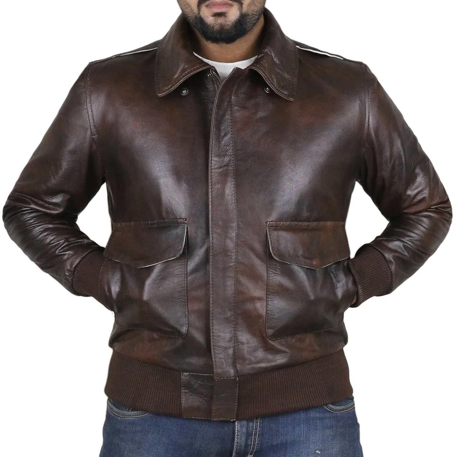 Leather Jackets Hub Mens Genuine Lambskin Leather Jacket (Brown-Tan, Aviator Jacket) - 2201001