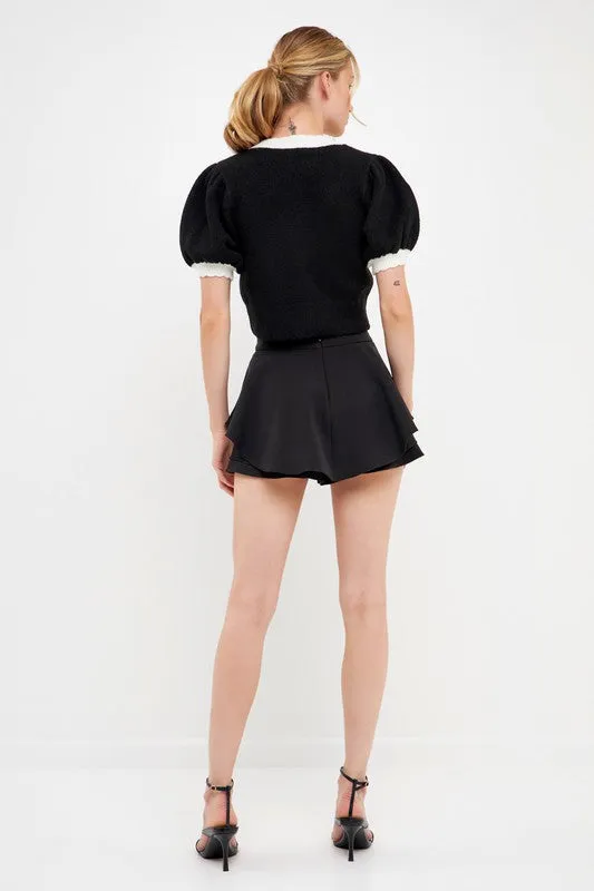 Lola Black and White Color Block Short Puff Short Sleeve Sweater