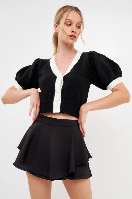 Lola Black and White Color Block Short Puff Short Sleeve Sweater