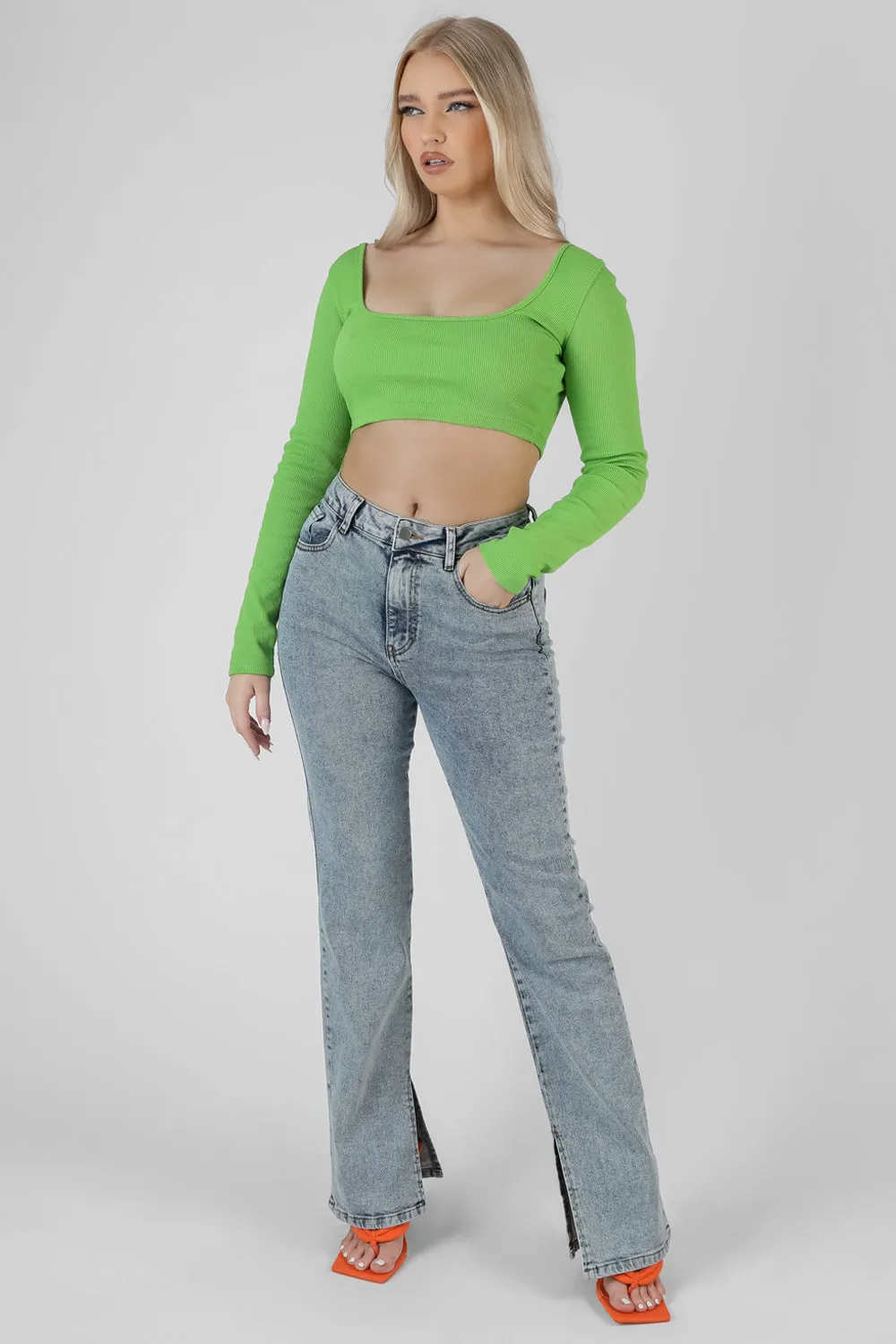 Long Sleeve Square Neck Crop Top Green