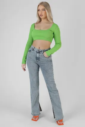 Long Sleeve Square Neck Crop Top Green