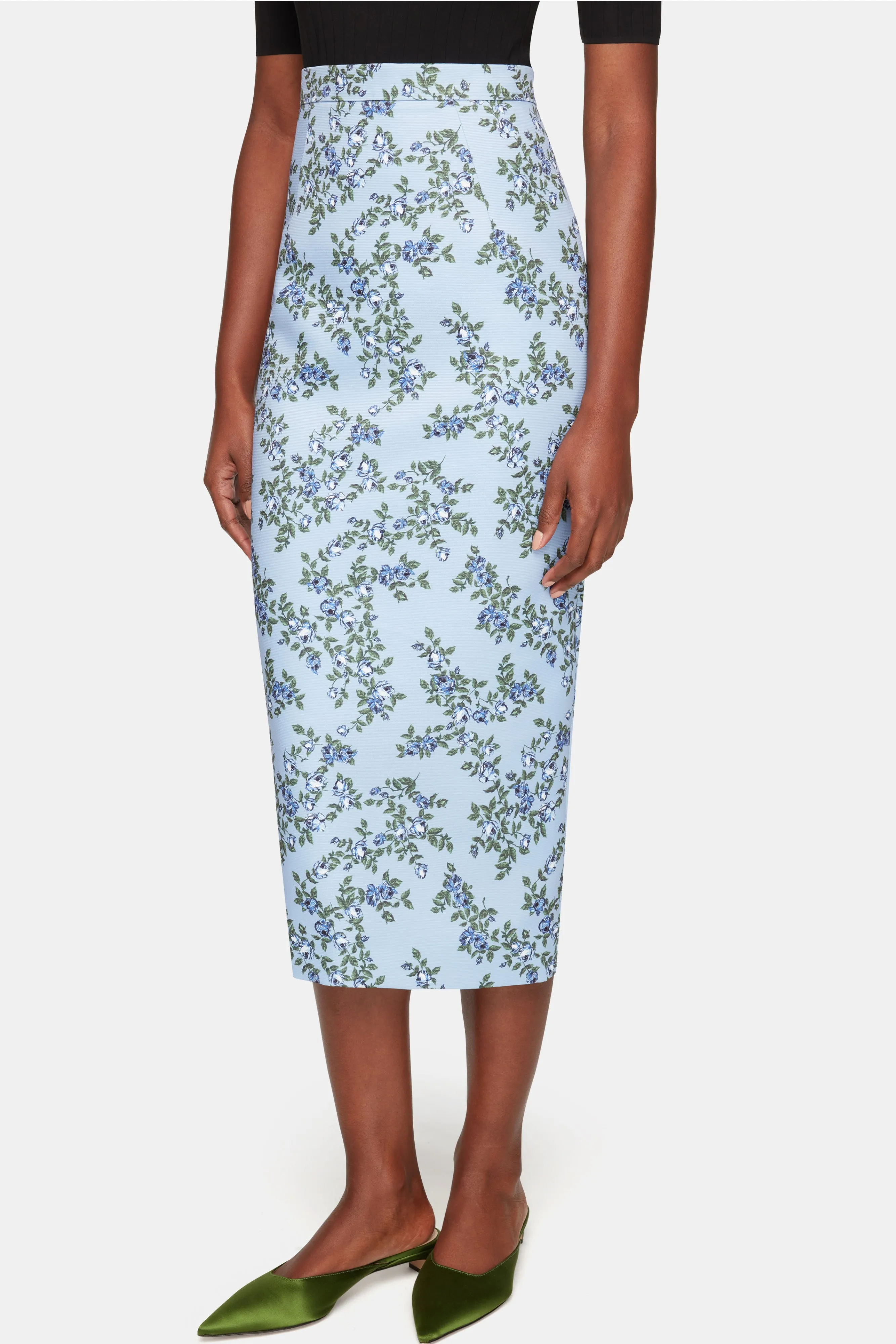 Lorelei Skirt In Blue Roses On Baby Blue Taffeta Faille