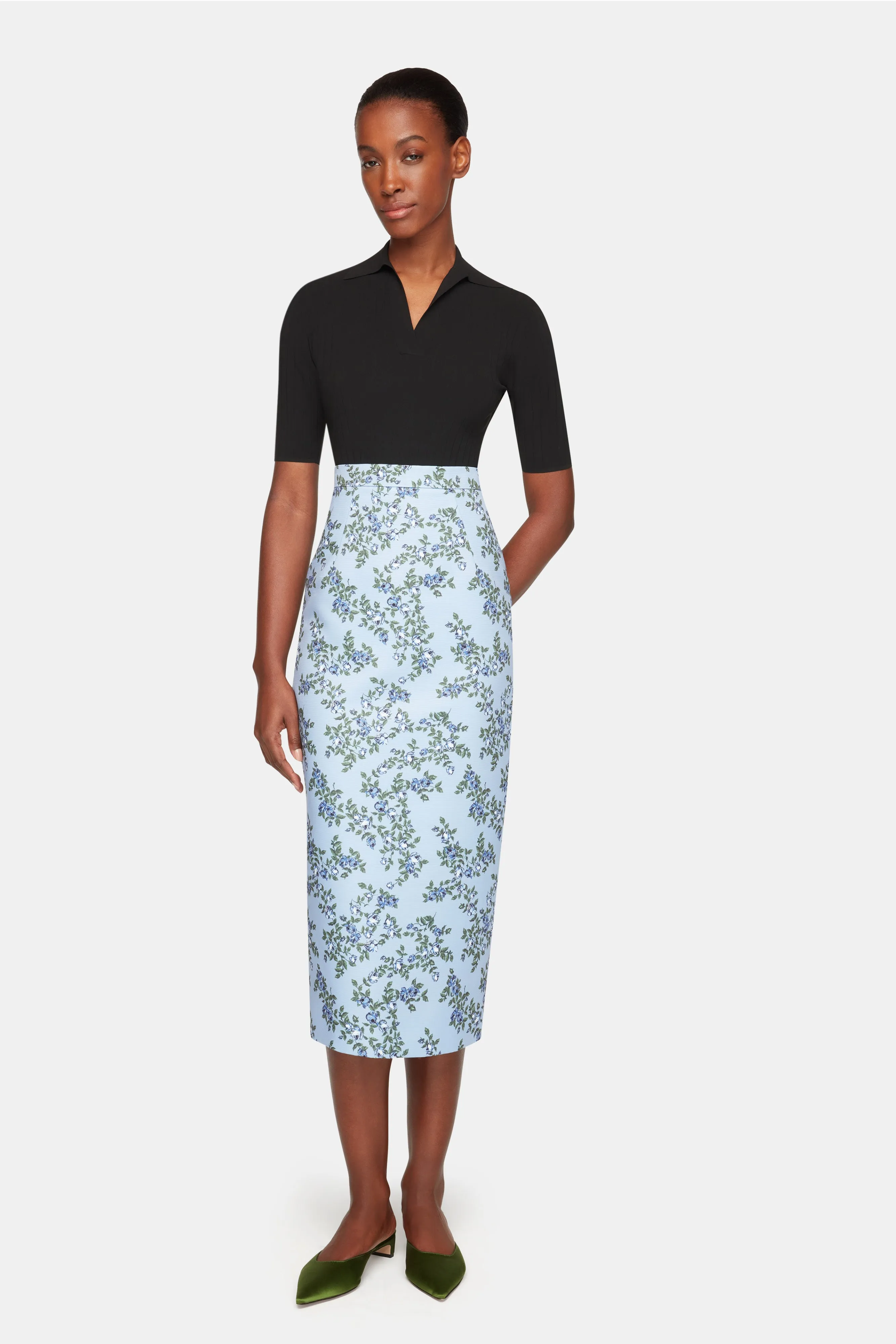 Lorelei Skirt In Blue Roses On Baby Blue Taffeta Faille
