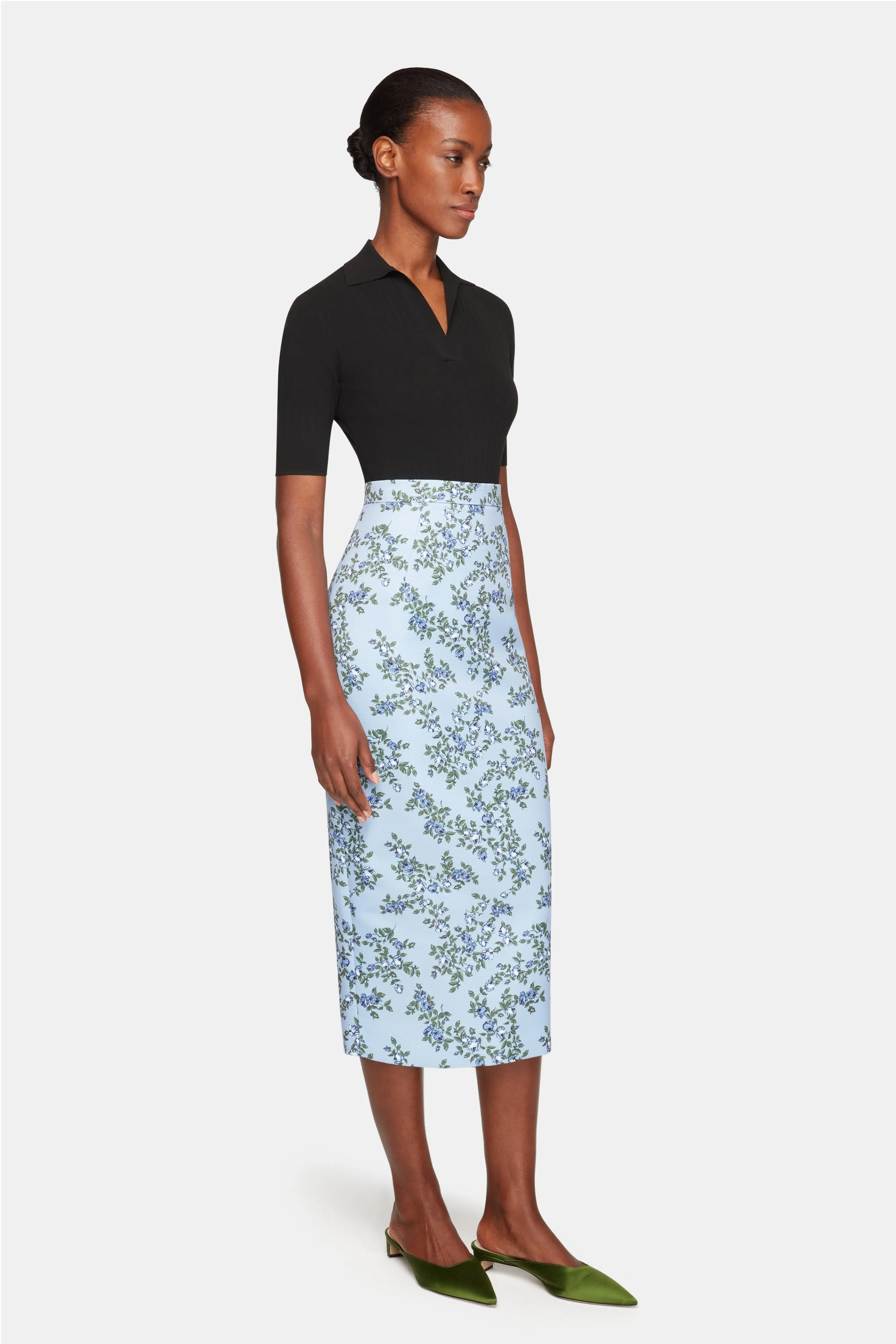 Lorelei Skirt In Blue Roses On Baby Blue Taffeta Faille