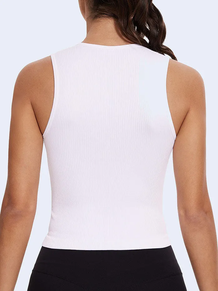 MathCat Square Neck Seamless Athletic Ribbed Racerback Crop Gym Tank Top White
