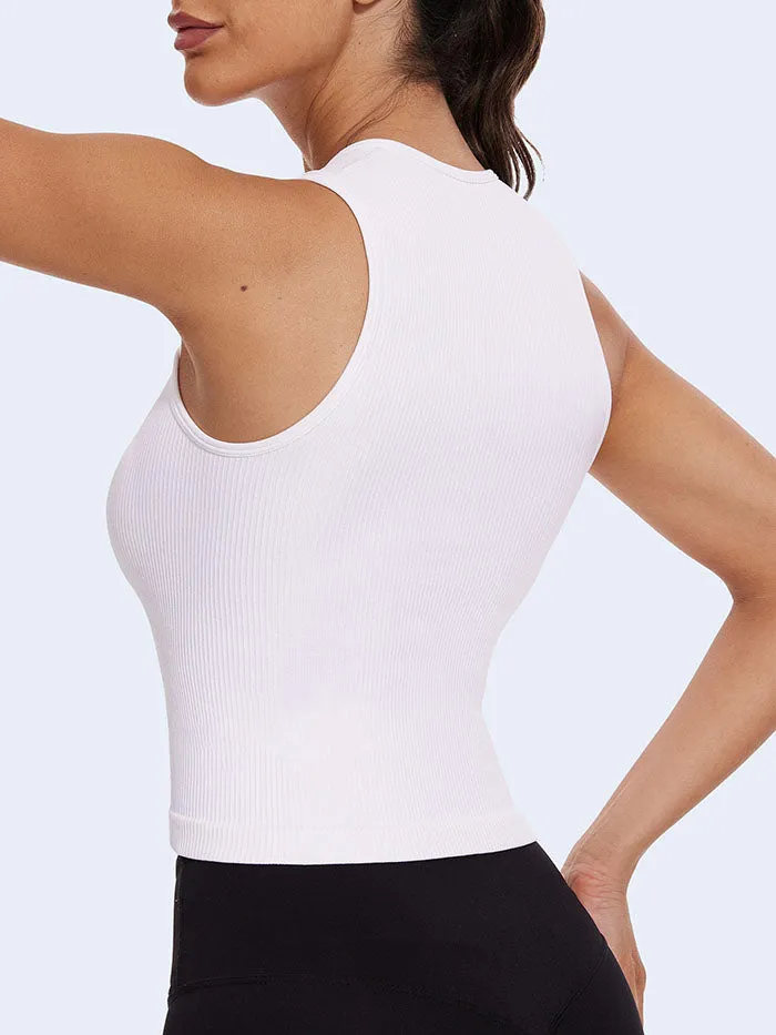 MathCat Square Neck Seamless Athletic Ribbed Racerback Crop Gym Tank Top White