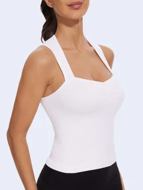 MathCat Square Neck Seamless Athletic Ribbed Racerback Crop Gym Tank Top White