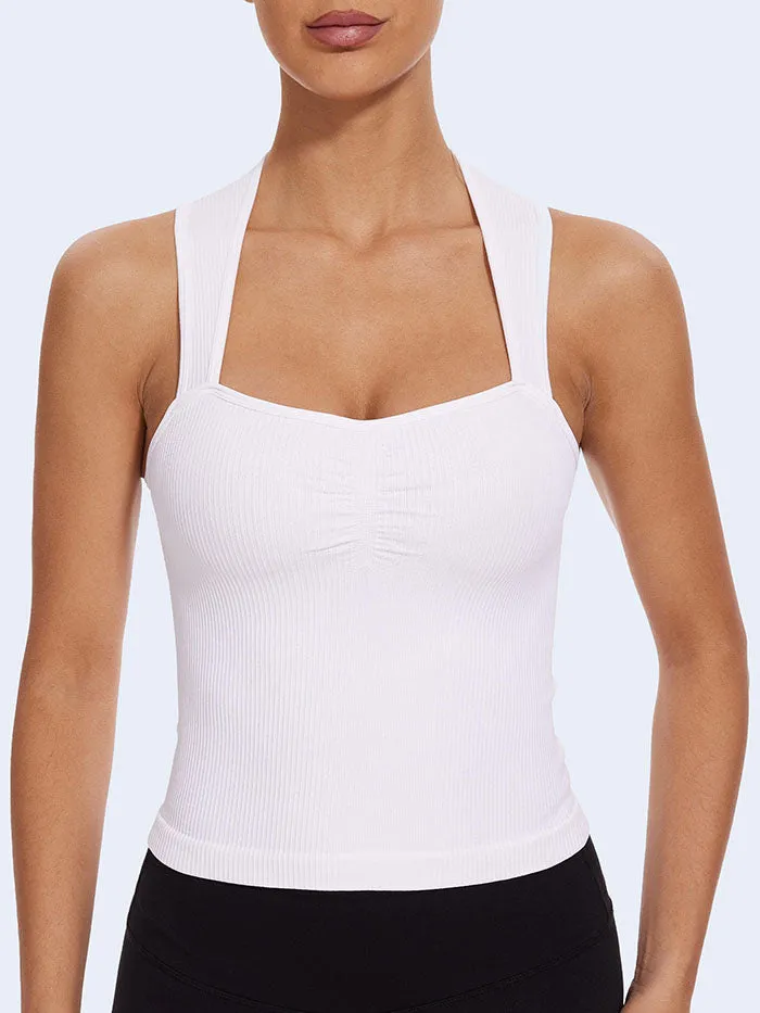 MathCat Square Neck Seamless Athletic Ribbed Racerback Crop Gym Tank Top White