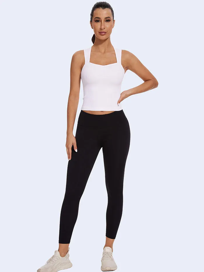 MathCat Square Neck Seamless Athletic Ribbed Racerback Crop Gym Tank Top White