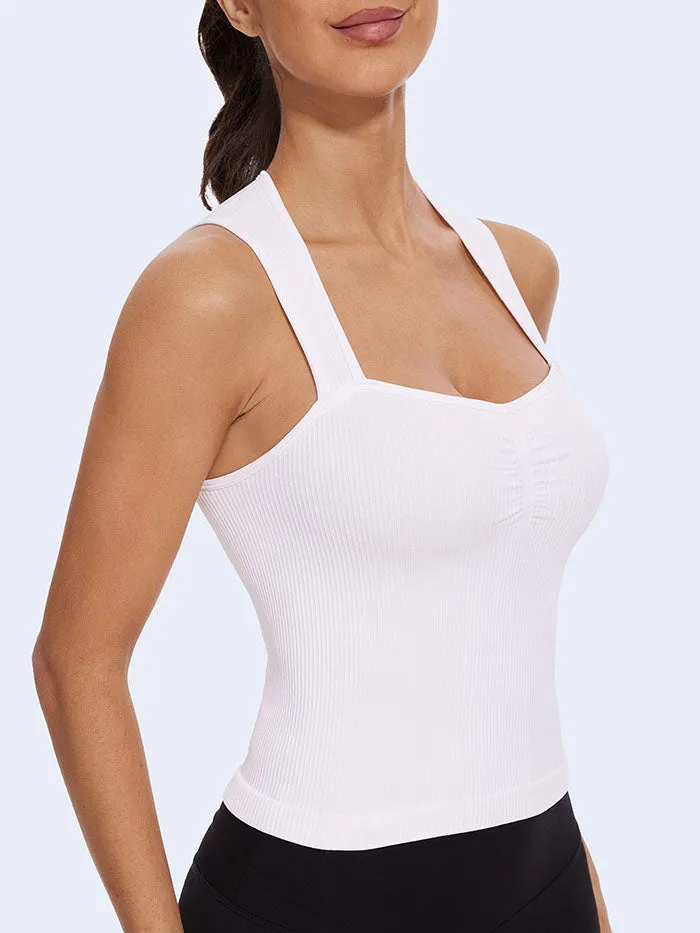 MathCat Square Neck Seamless Athletic Ribbed Racerback Crop Gym Tank Top White
