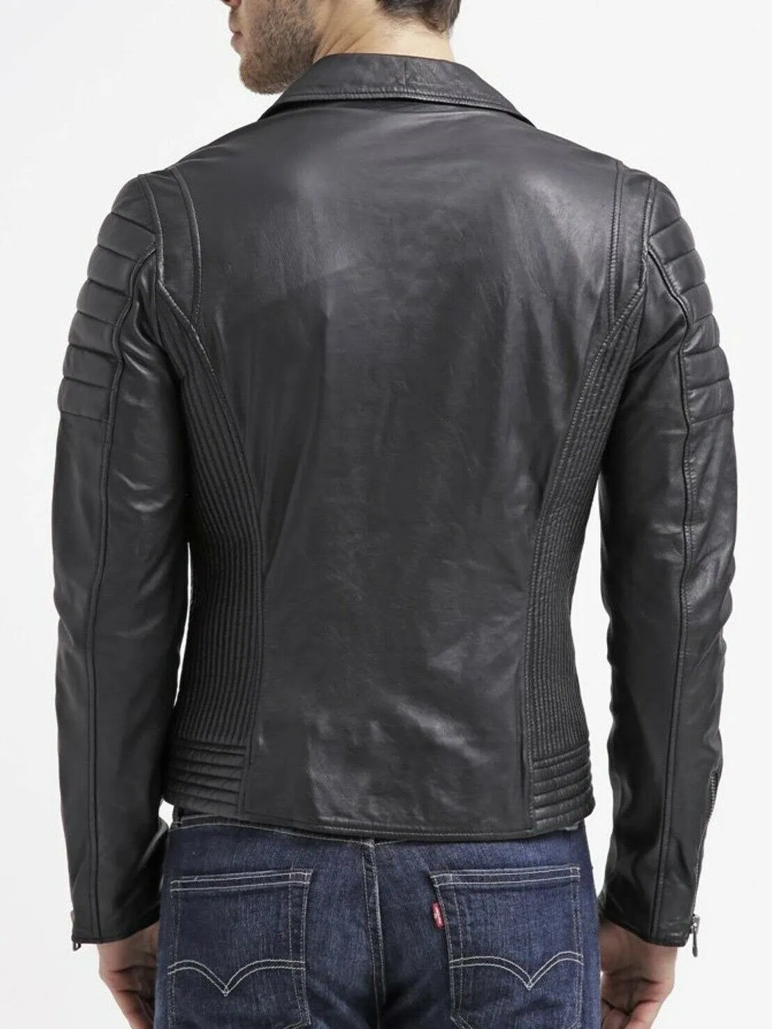 Mebin Black Leather Jacket Men Biker Motorcycle Sheepskin