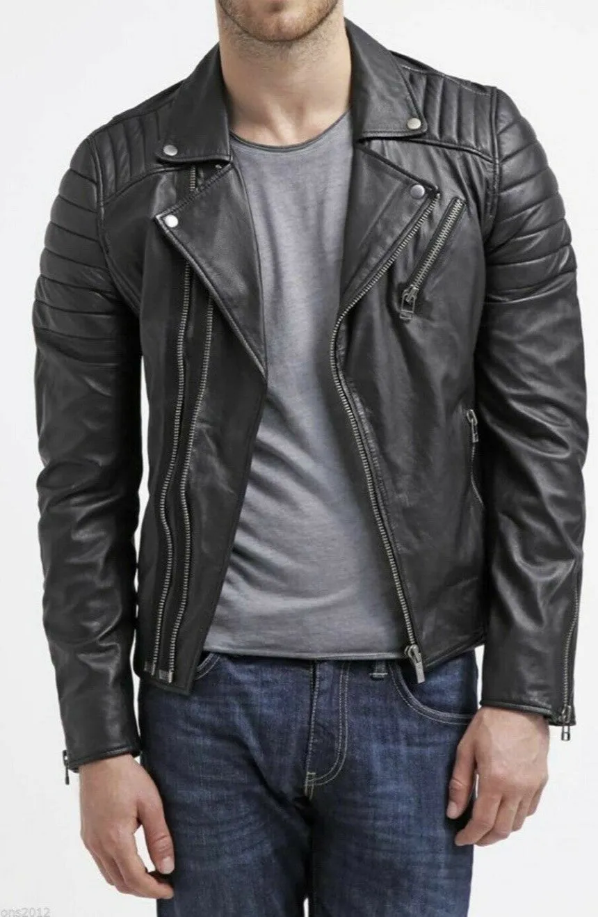 Mebin Black Leather Jacket Men Biker Motorcycle Sheepskin