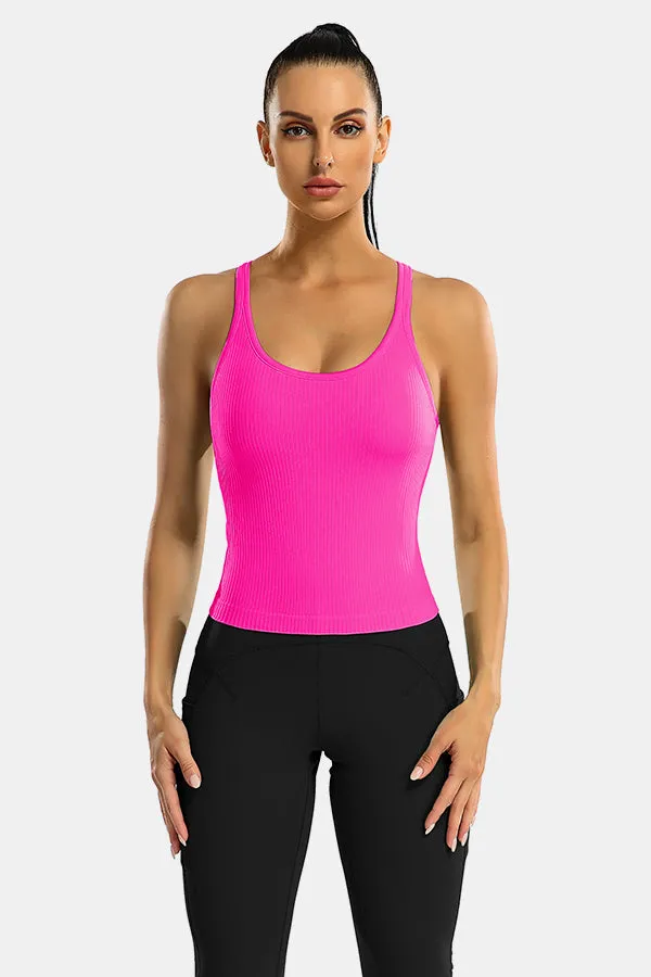 Neon Pink Scoop Neck Racerback Waist Length Ribbed Workout Crop Tops Tank Top