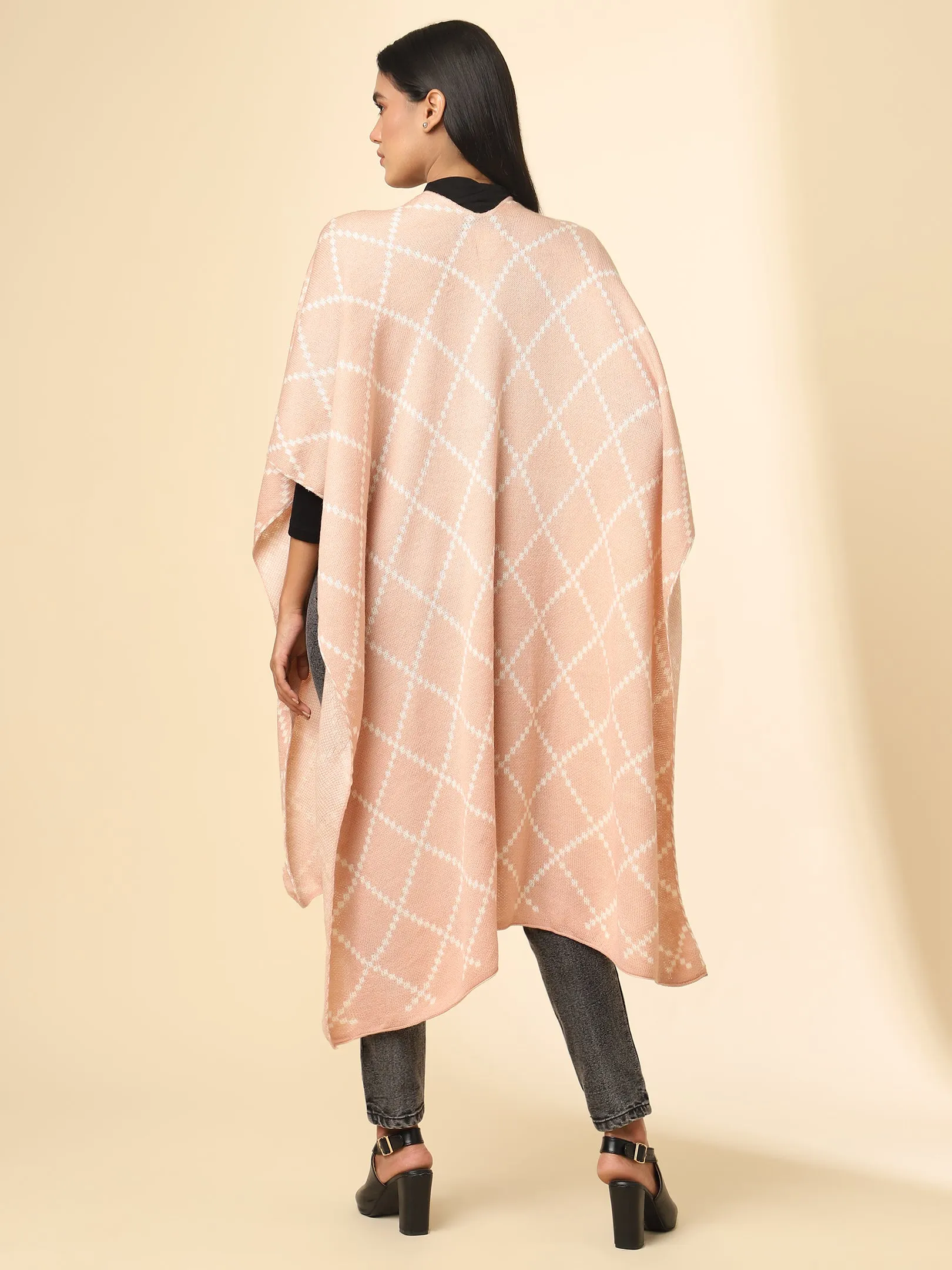 Open Front Checkered Knitted Shrug | Peach
