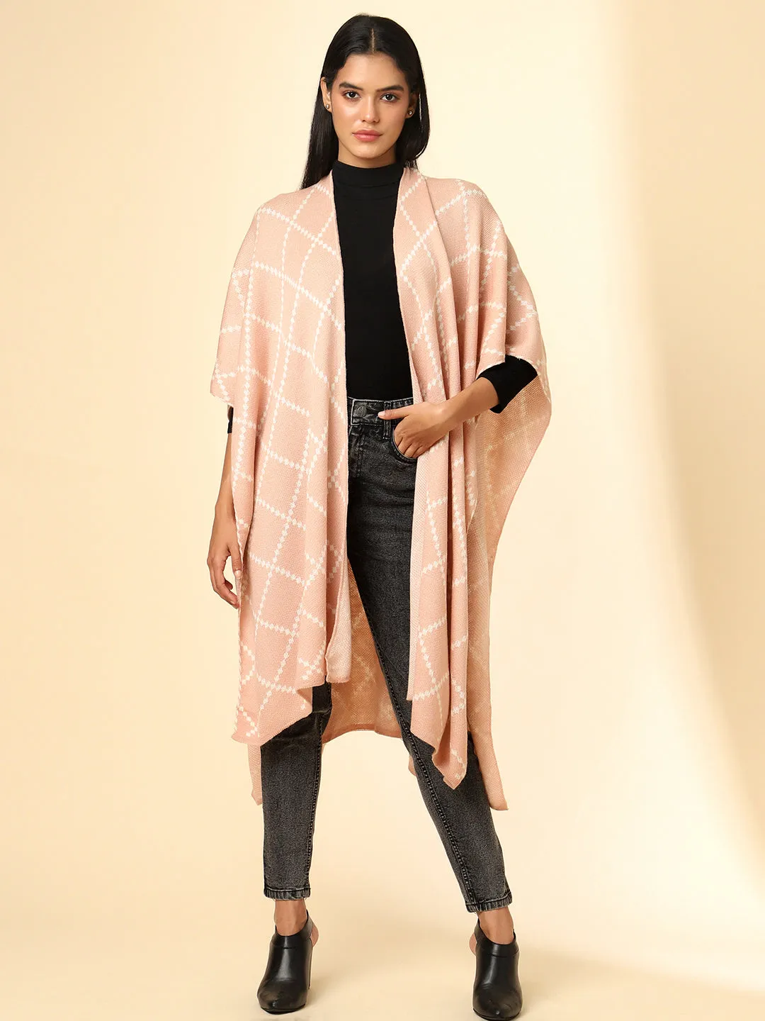 Open Front Checkered Knitted Shrug | Peach
