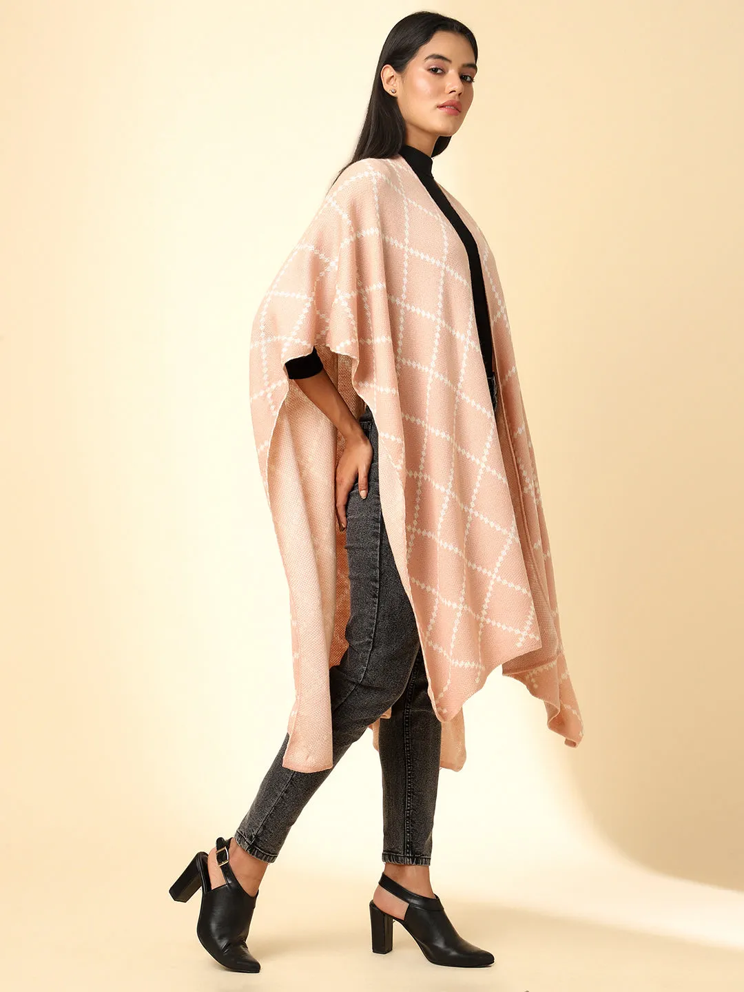 Open Front Checkered Knitted Shrug | Peach