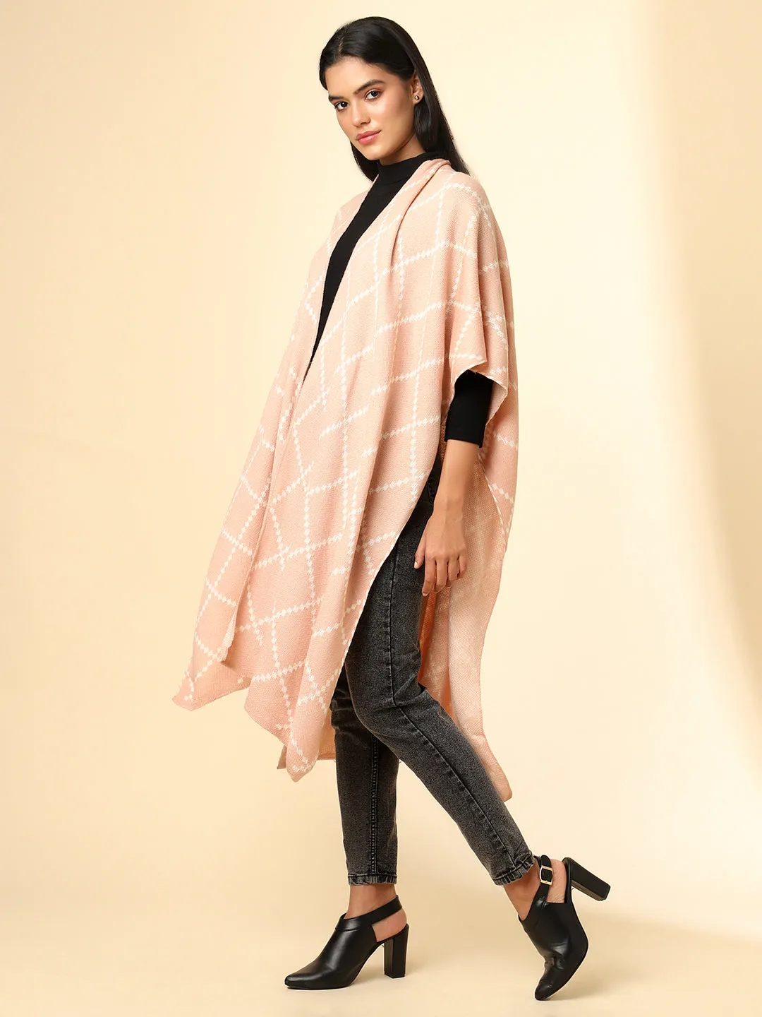 Open Front Checkered Knitted Shrug | Peach
